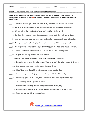 Simple Compound and Run on Sentences Worksheets  Form