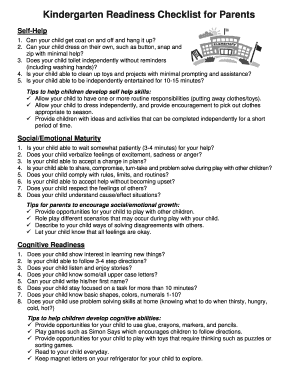 Kindergarten Readiness Checklist for Parents DOC Ebms Blackgold  Form