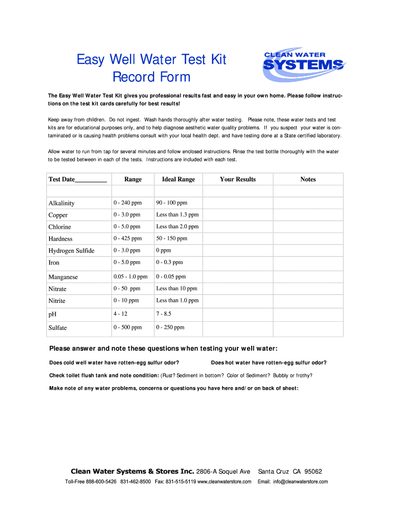 Easy Well Water Test Kit Record Form Clean Water Store