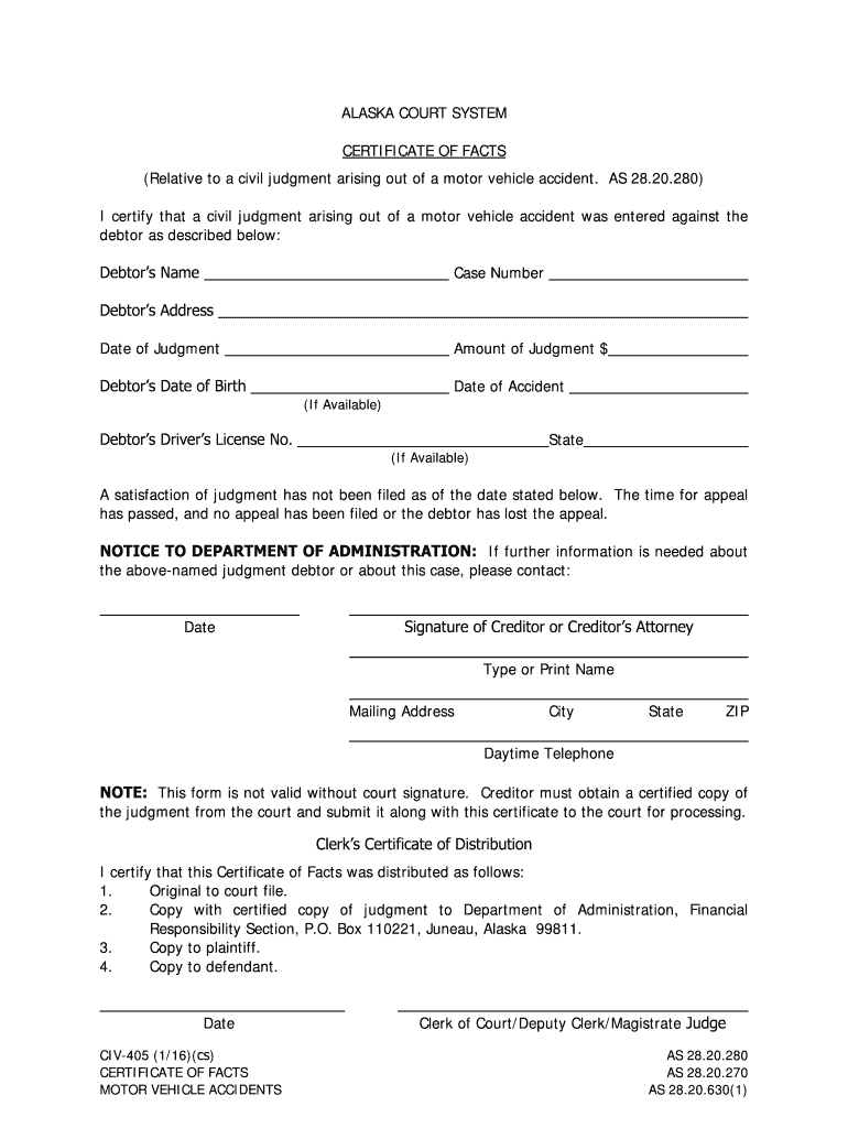 CIV 405 Certificate of Facts Civil Forms