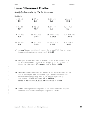 My Homework Lesson 3 Multiply Decimals by Whole Numbers Answer Key  Form