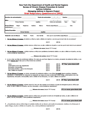 Brief Respiratory Questionnaire BRQ Hudson Valley Asthma Hudsonvalleyasthmacoalition  Form