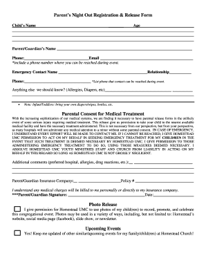 Parents Night Out Registration &amp; Release Form Homesteadumc