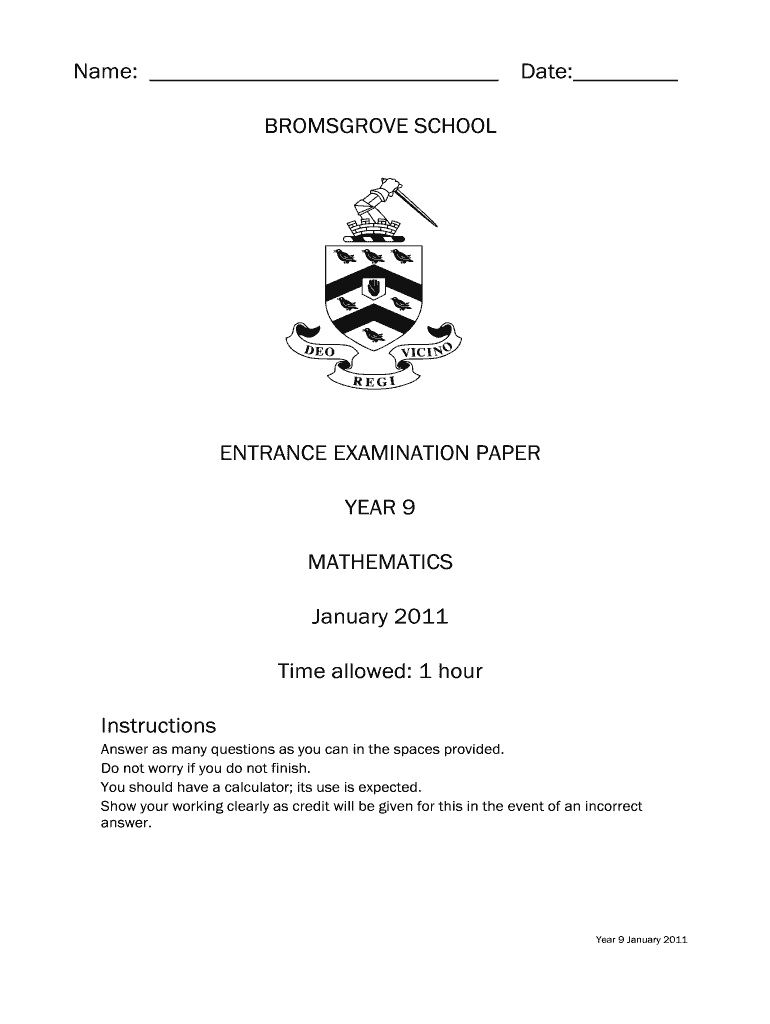  ENTRANCE EXAMINATION PAPER YEAR 9 MATHEMATICS Mathconsult 2011-2024