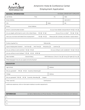 Application for Employment AmericInn Hotel &amp; Conference Center  Form