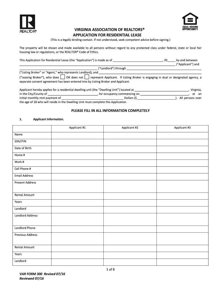 Get and Sign VAR Form 300 Rental Application Final 2016-2022