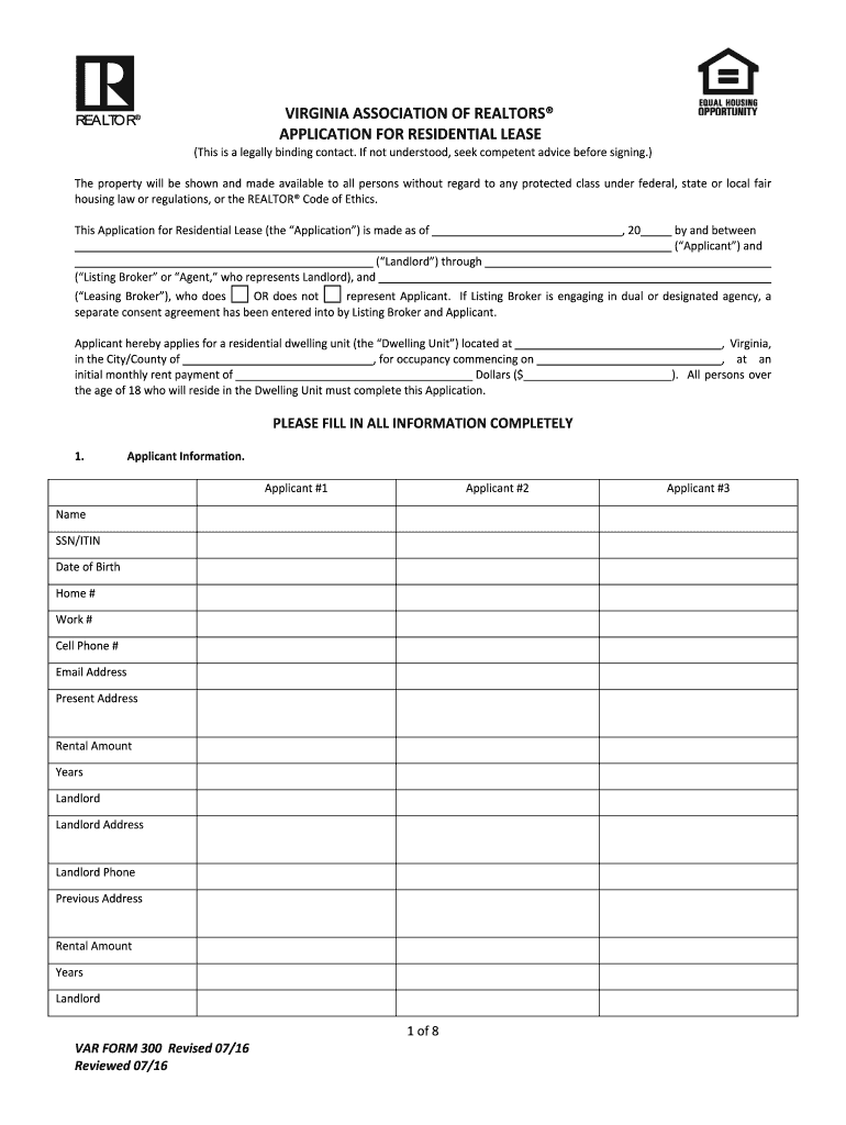  VAR Form 300 Rental Application Final 2016-2024