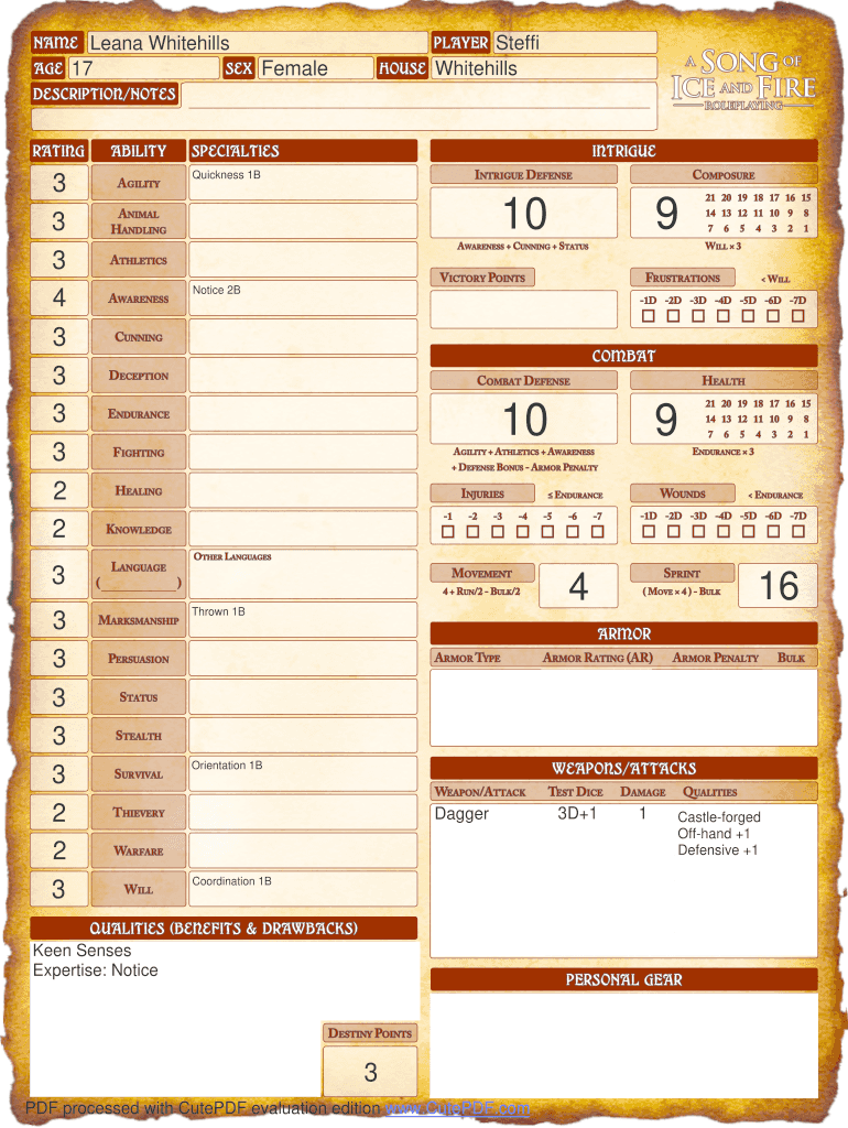 A Song of Ice and Fire Rpg Character Sheet  Form