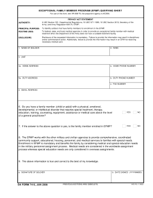 DA FORM 7415, JUN EXCEPTIONAL FAMILY MEMBER PROGRAM EFMP QUERYING SHEET