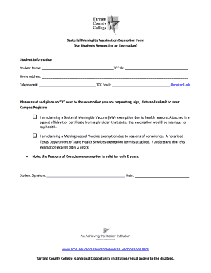 Bacterial Meningitis Vaccination Exemption Form for Students an Tccd