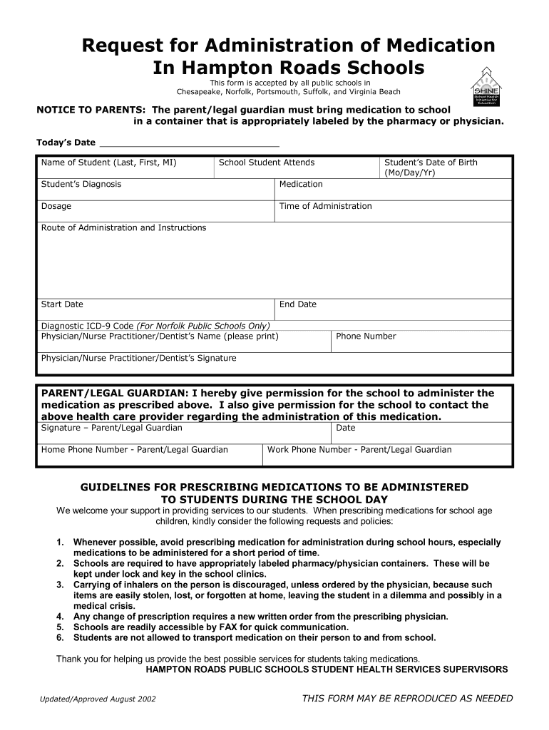  Medication Administration Permission Form 2002