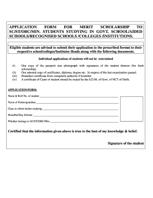 Merit Scholarship to Sc Obc Min Application Form Which Use Documents
