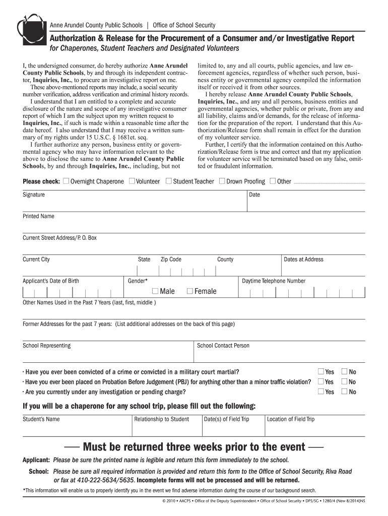 ChaperoneVolunteer Background Investigation Form  Aacps