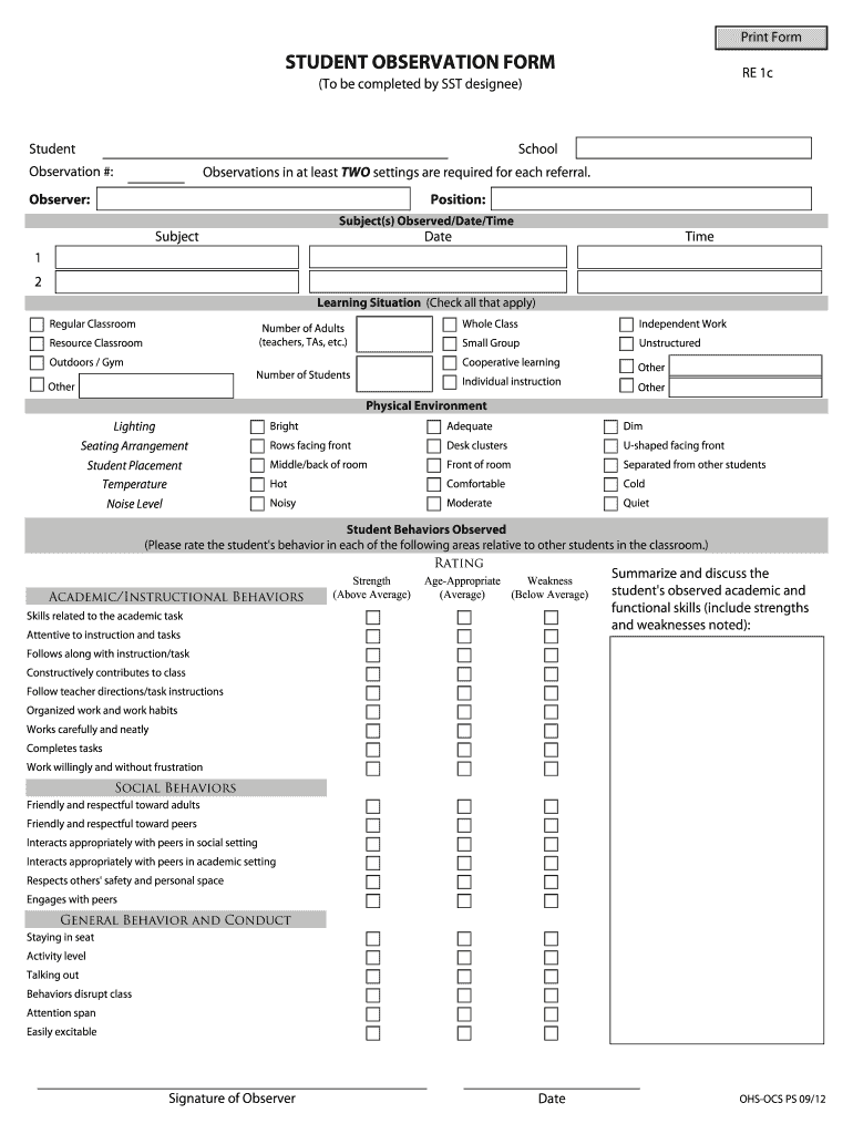  Student Observation Form 2012-2024