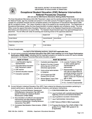 The SCHOOL DISTRICT of PALM BEACH COUNTY DEPARTMENT of EDUCATIONAL ALTERNATIVES Exceptional Student Education ESE Behavior Inter  Form