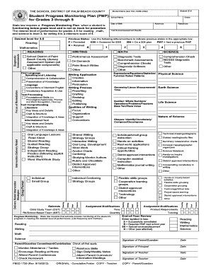 Student Progress Monitoring Plan PMP for Grades 2 through 5 Renamed from K 5 Academic Improvement Plan AIP Dated 08262011 Palmbe  Form