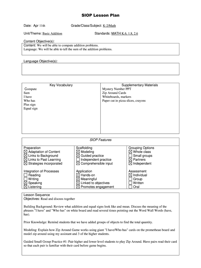 Siop Lesson Plan Template  Form