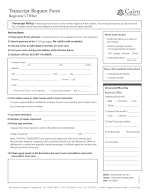 Cairn University Transcript Request  Form