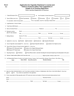 B a 2 Application for Cigarette Distributor S License and Dor State Nc  Form