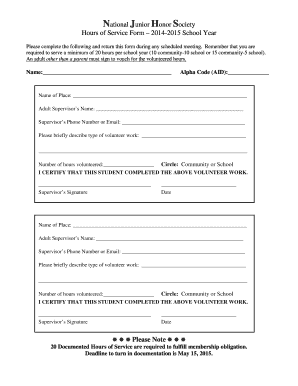 Printable National Junior Honor Society Service Hours Form