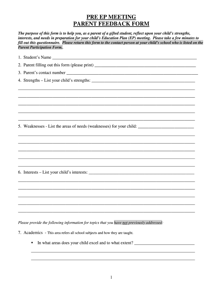 Pre EP Meeting Parent Feedback Form Broward K12 Fl