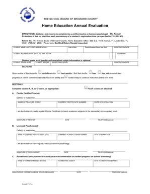  Home Education Annual Evaluation Broward K12 Fl 2012