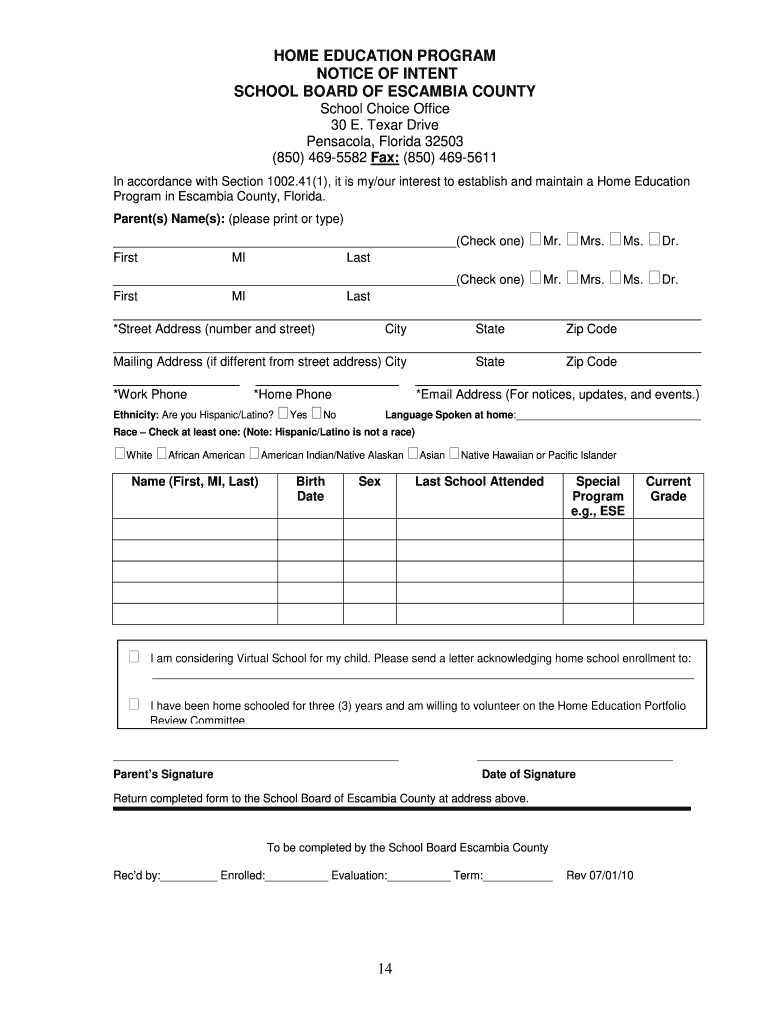 Get and Sign Establish Home School Form Escambia County School District 2010-2022