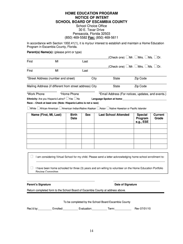  Establish Home School Form Escambia County School District 2010-2024