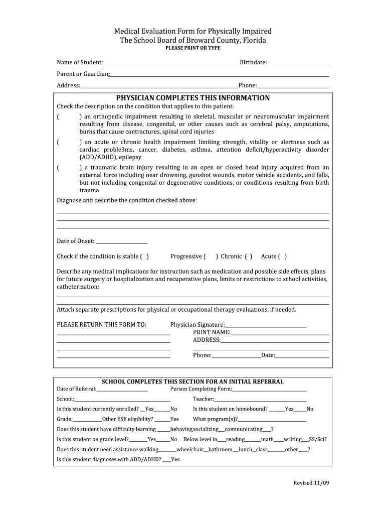  Medical Evaluation Form for Physically Impaired Broward County 2009-2024