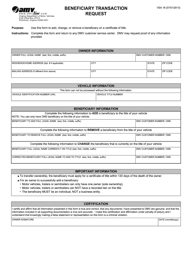  BENEFICIARY TRANSACTION Dmv State Va 2013