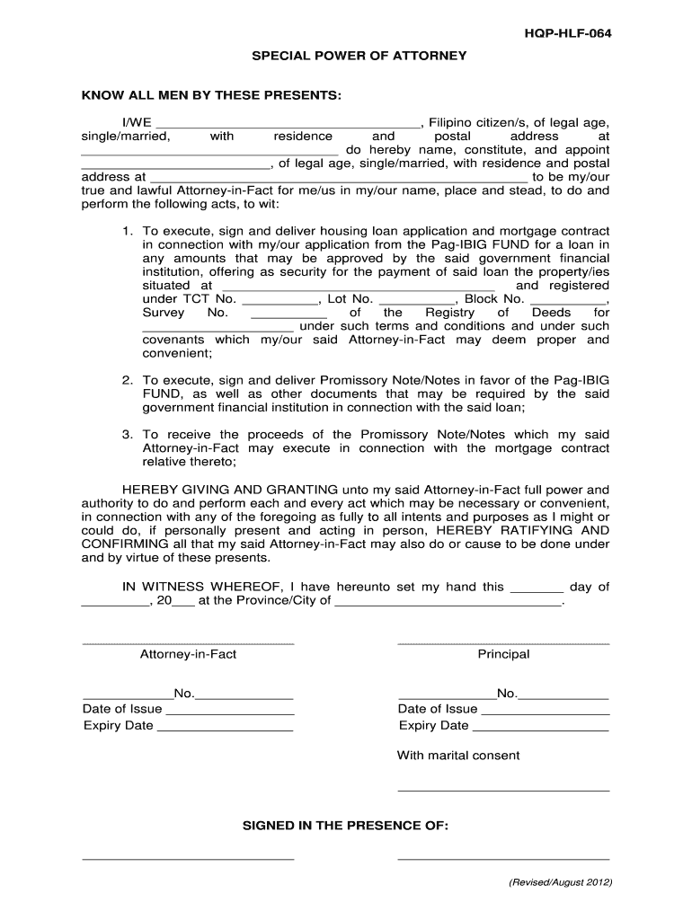 Special Power of Attorney for Pag IBIG Housing Loan  Form