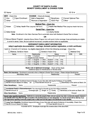 COUNTY of SANTA CLARA BENEFIT ENROLLMENT &amp; CHANGE FORM Sccgov