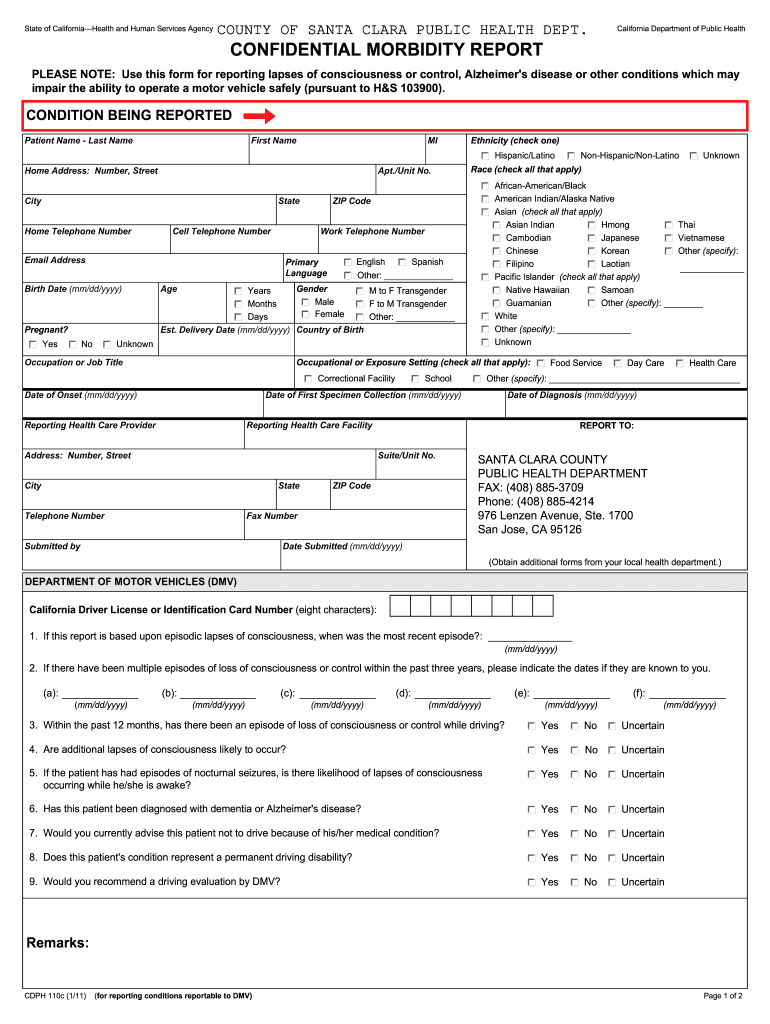  CONFIDENTIAL MORBIDITY REPORT County of Santa Clara Sccgov 2011