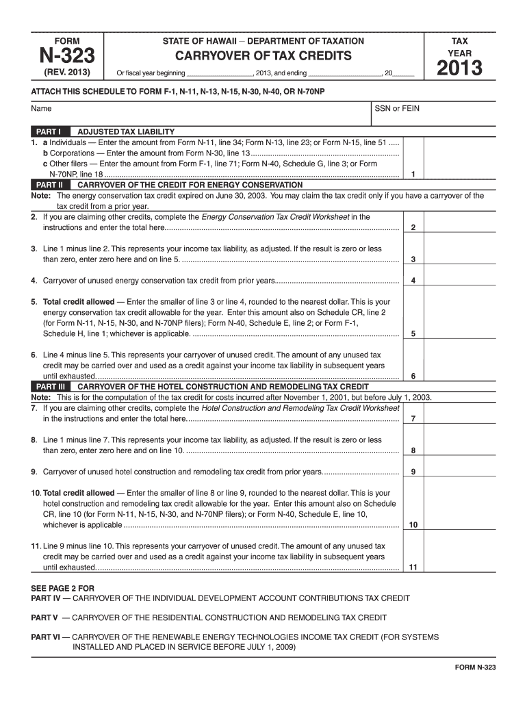  Form N 323, , Carryover of Tax Credits  Hawaii Gov 2013