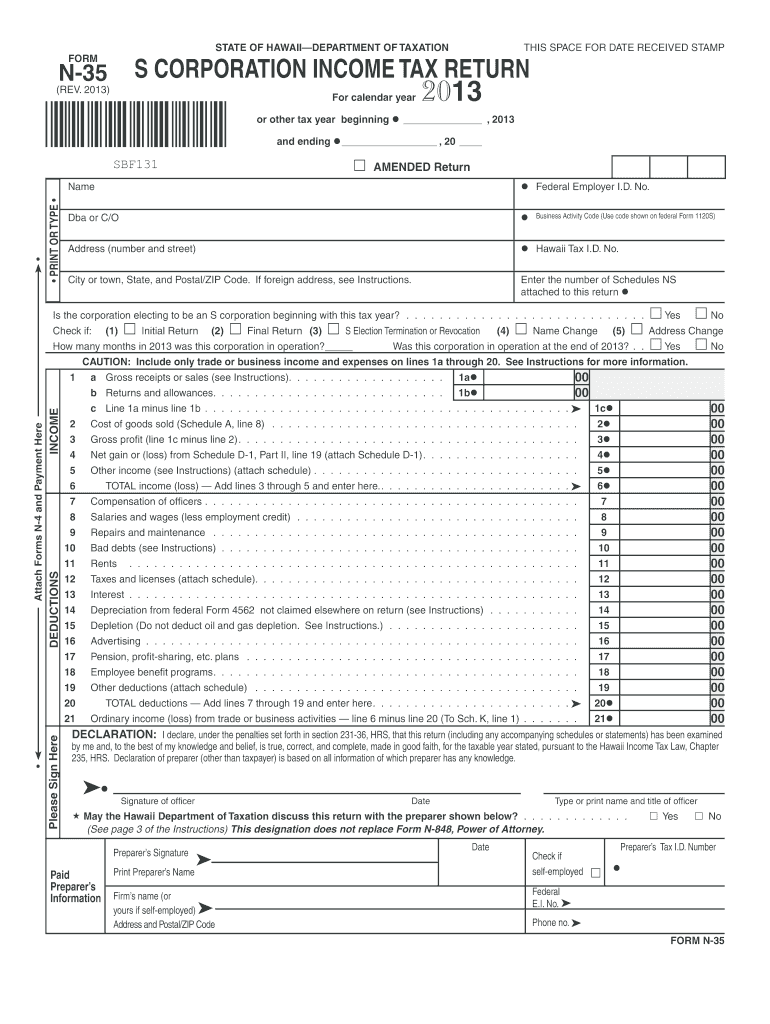 Form N 35, Rev , S Corporation Income Tax Return Forms  Fillable