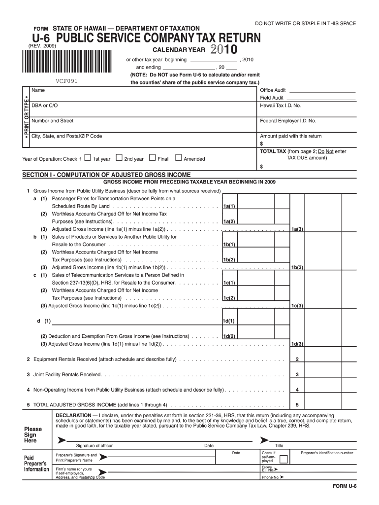  Form U 6 Rev Public Service Company Tax Return  Hawaii Gov 2009