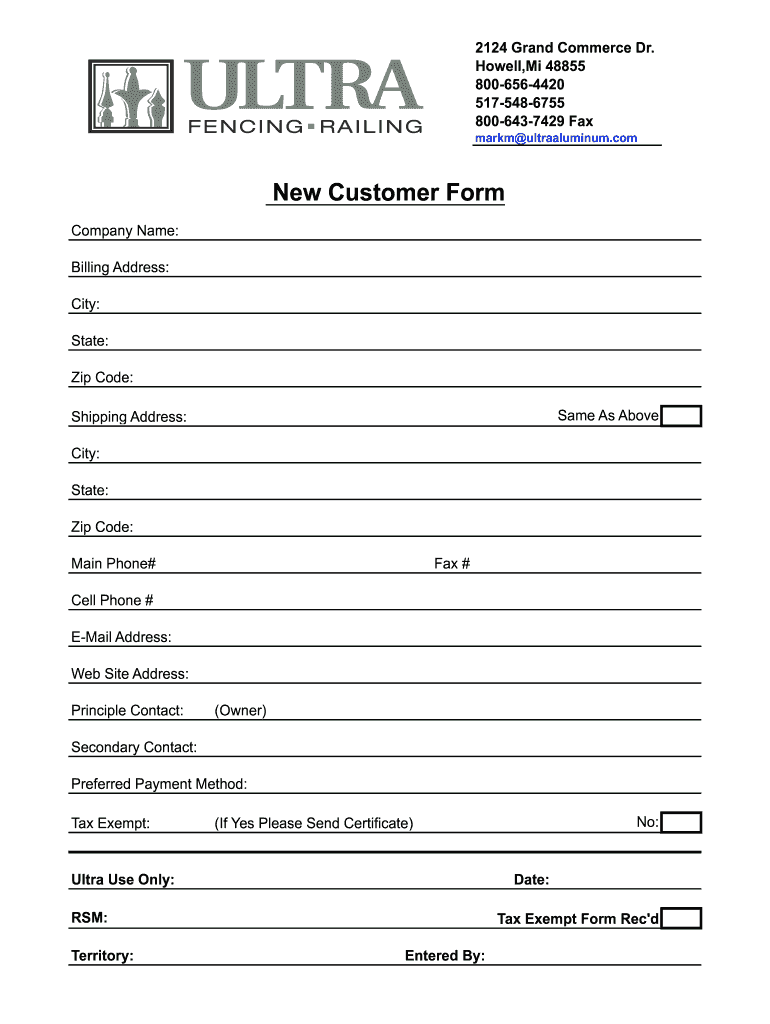 Generic New Customer Set Up Form