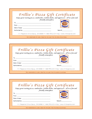 Frillio&#039;s Pizza Gift Certificate  Form