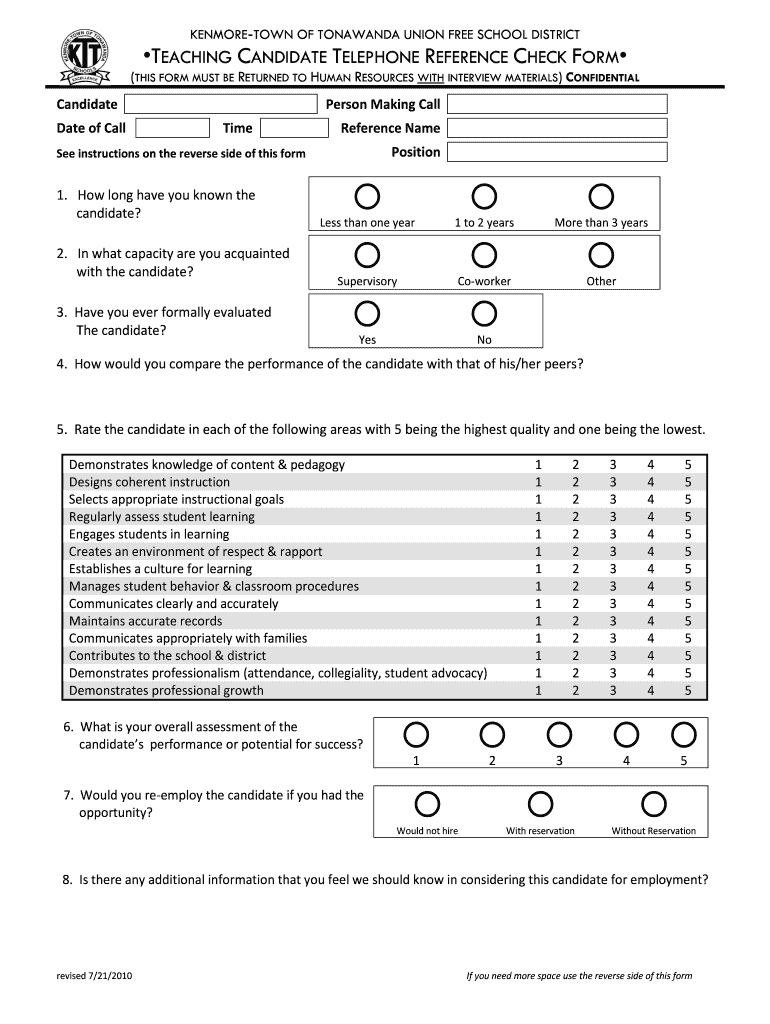 Personal Reference Check Form Template