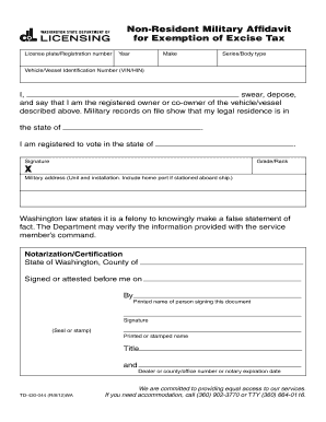  Non Resident Military Affidavit for Exemption of Excise Tax Maternity Reimbursement Form Dol Wa 2012