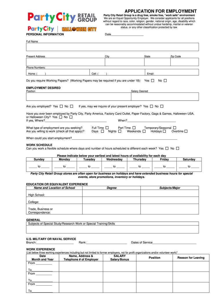 Party City Application  Form