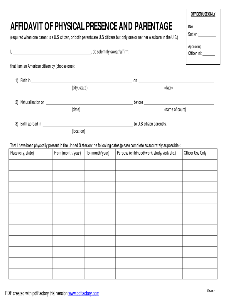 Affidavit Physical Presence Parentage  Form