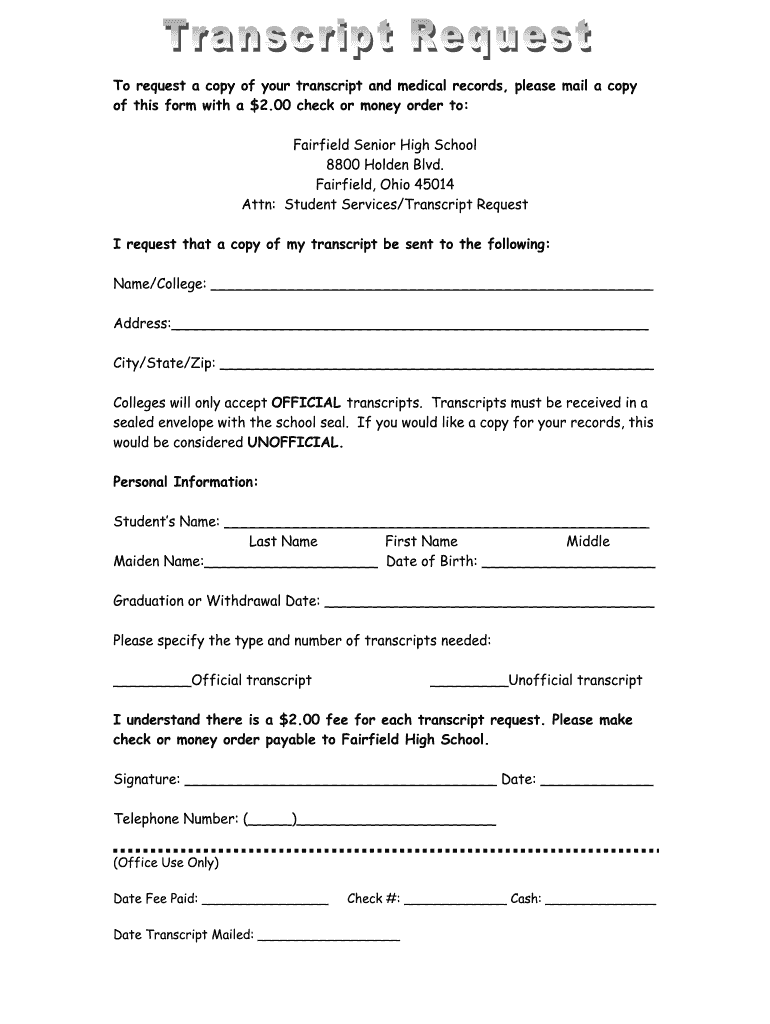 Transcript Requests Fairfield City School District  Form