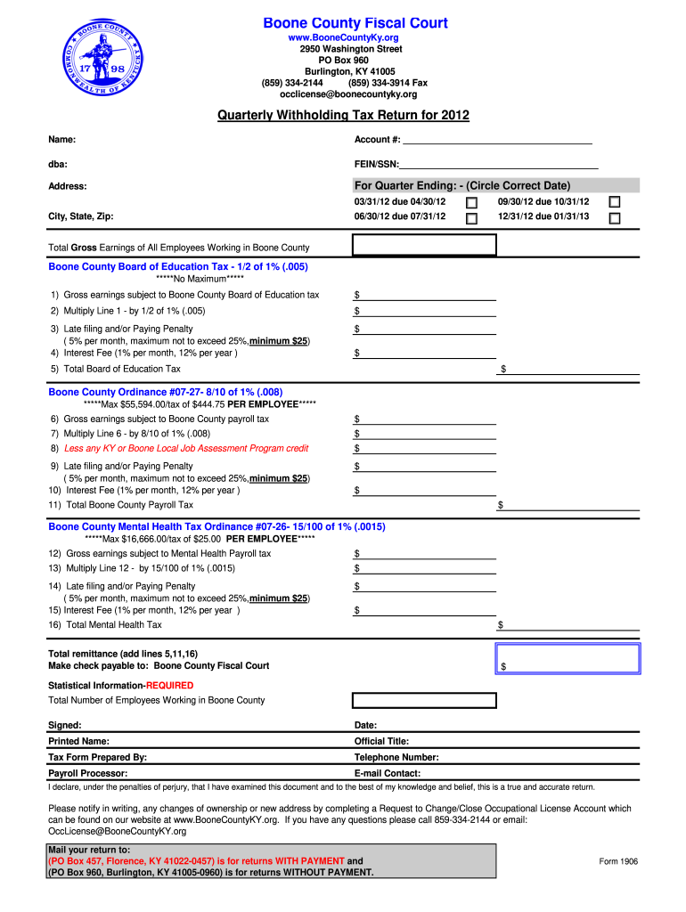 Get and Sign Quarterly Tax Return for Boone County Kentucky Boonecountyky 2020 Form