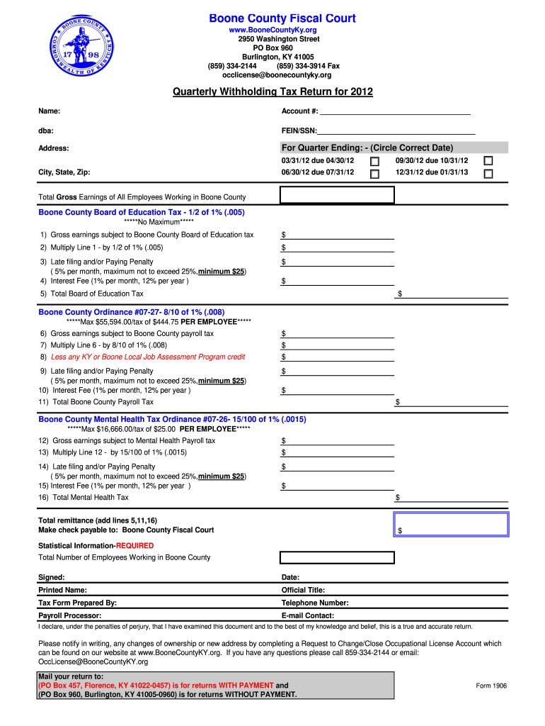  Quarterly Tax Return for Boone County Kentucky Boonecountyky 2020