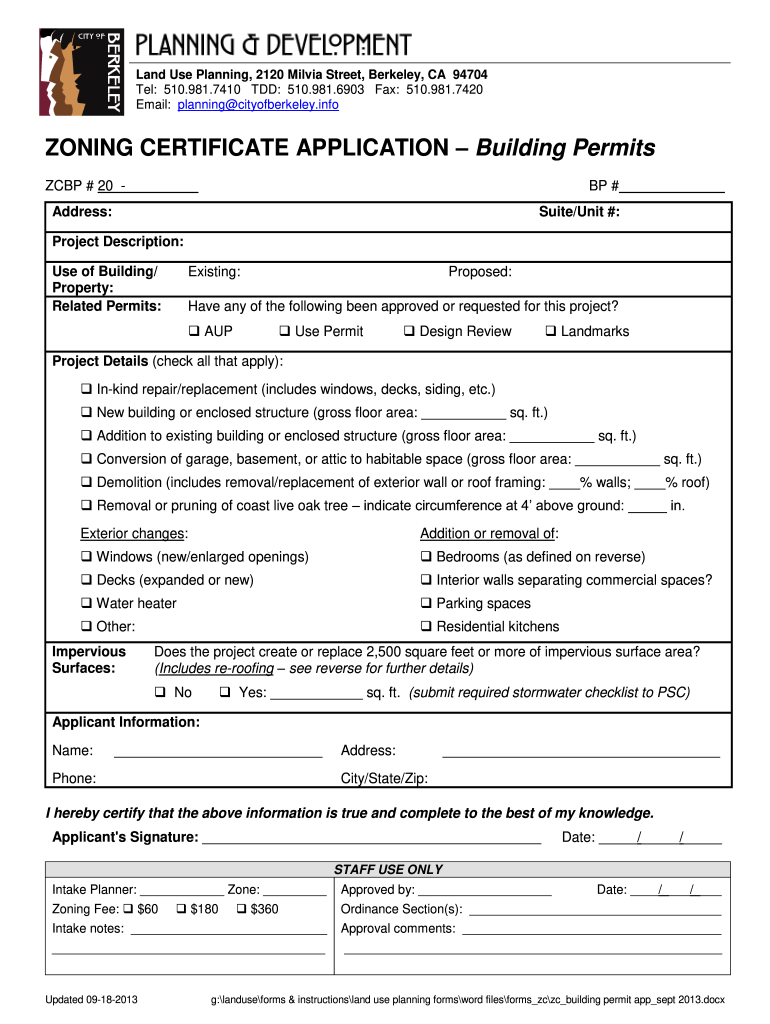  ZONING CERTIFICATE APPLICATION  Cityofberkeley 2013