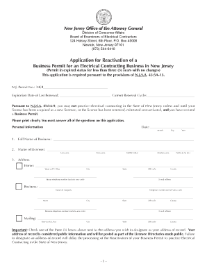 Application for Reactivation of a Business Permit for an Electrical Njconsumeraffairs  Form