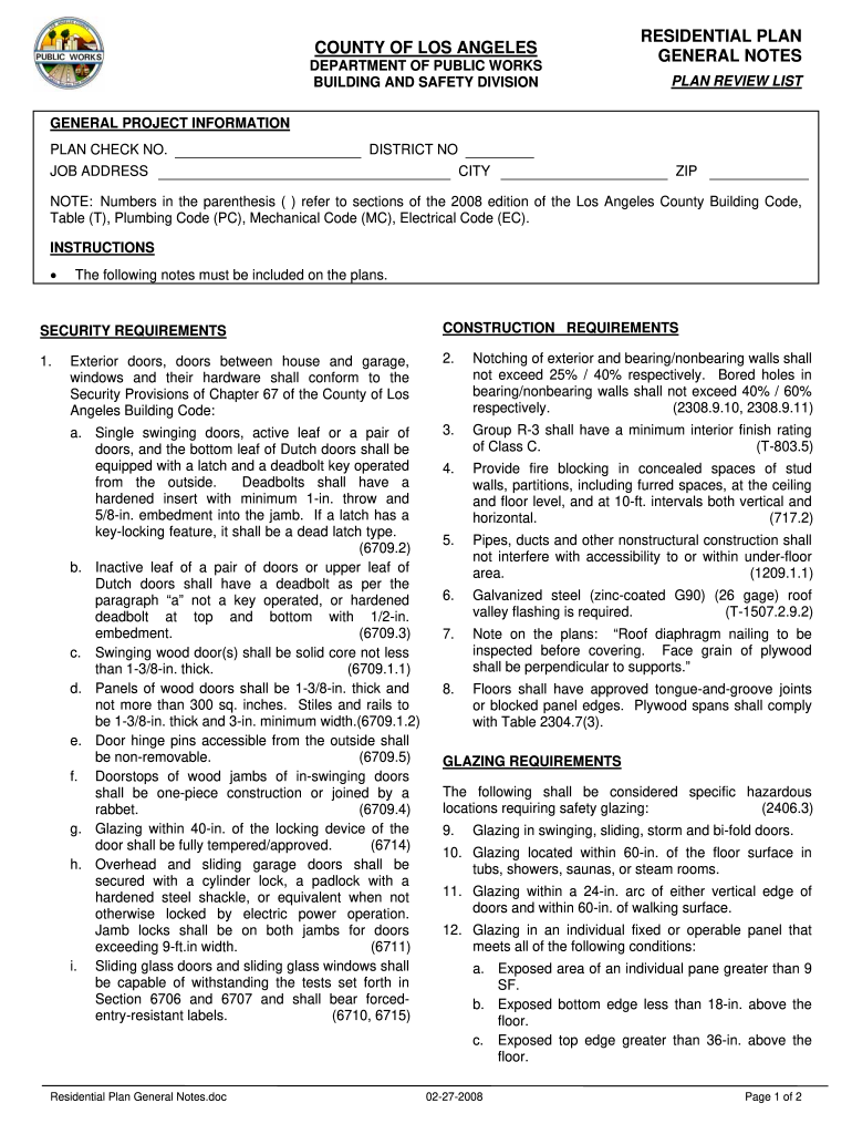  County of Los Angeles Residential Plan General Notes 2008