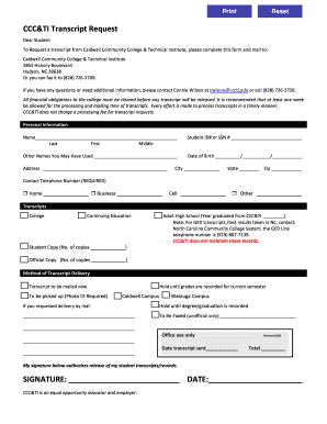 Caldwell Community College Transcript Request  Form