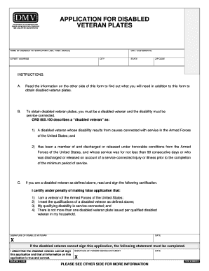 Oregon Application for Disabled Veteran Plates State Legal Forms